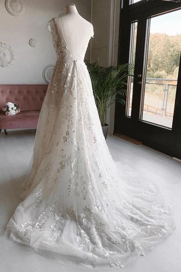 White Tulle V Neck Open Back Long Flower Wedding Dresses (ZD15309)