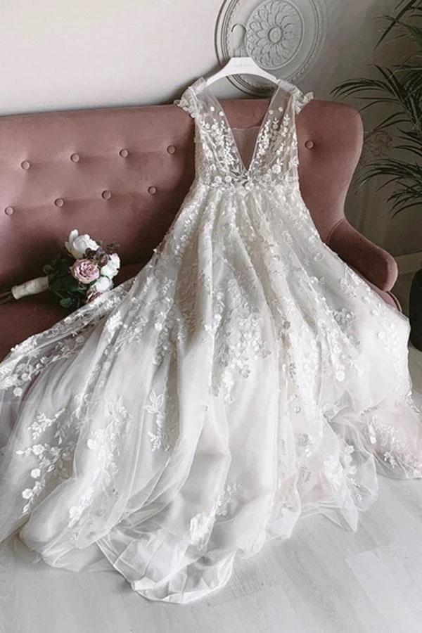 White Tulle V Neck Open Back Long Flower Wedding Dresses (ZD15309)