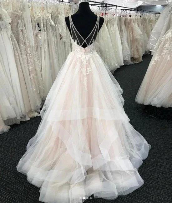 White Tulle V Neck Open Back Long Layered Wedding Dress (ZD16423)