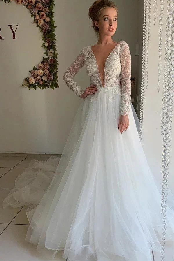 Winter Warm Long Sleeves V-Neck Tulle Princess Wedding Dress (ZD13827) - VelvetHem