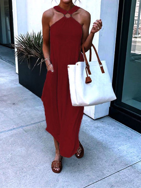 Casual Halterneck Off Shoulder Pocket Dress