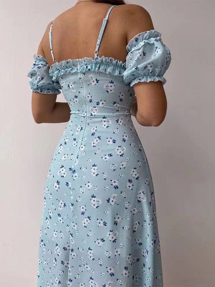 Floral Print Sling Off The Shoulder Slit Dress