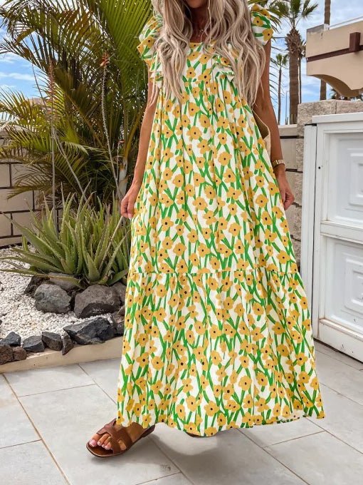 Printed Bare Back Ruffle Sleeve Dress Ins Street