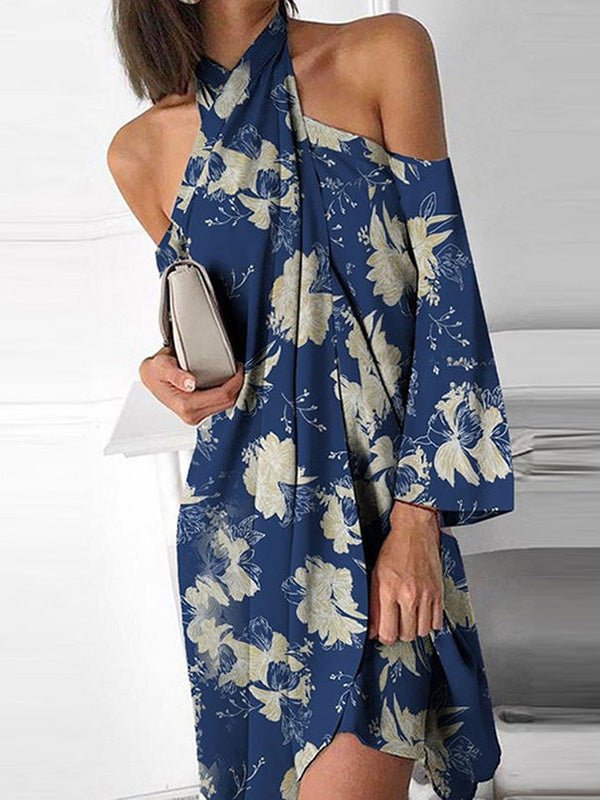 Printed Halter Off Shoulder Irregular Dress