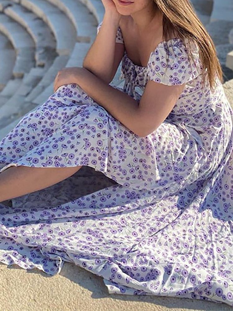 Square Neck Cross Tie Floral Slit Dress