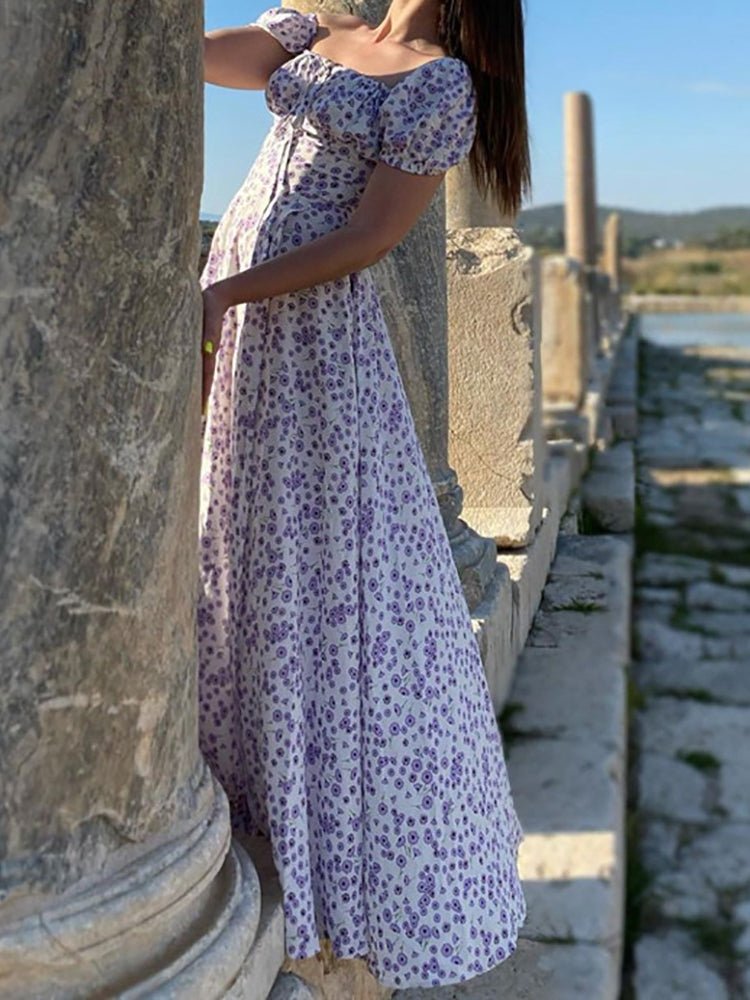 Square Neck Cross Tie Floral Slit Dress