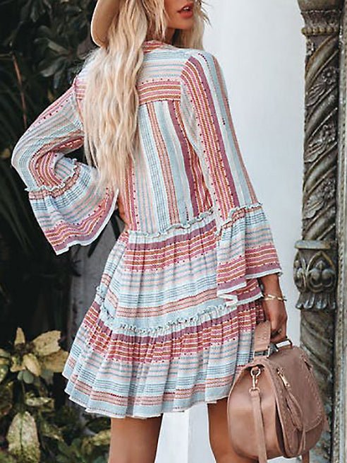 Striped Print V Neck Long Sleeve Dress
