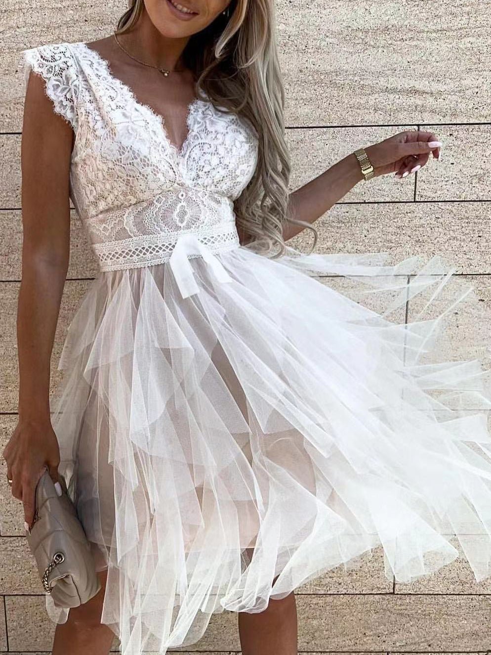 V Neck Lace Mesh Irregular Dress