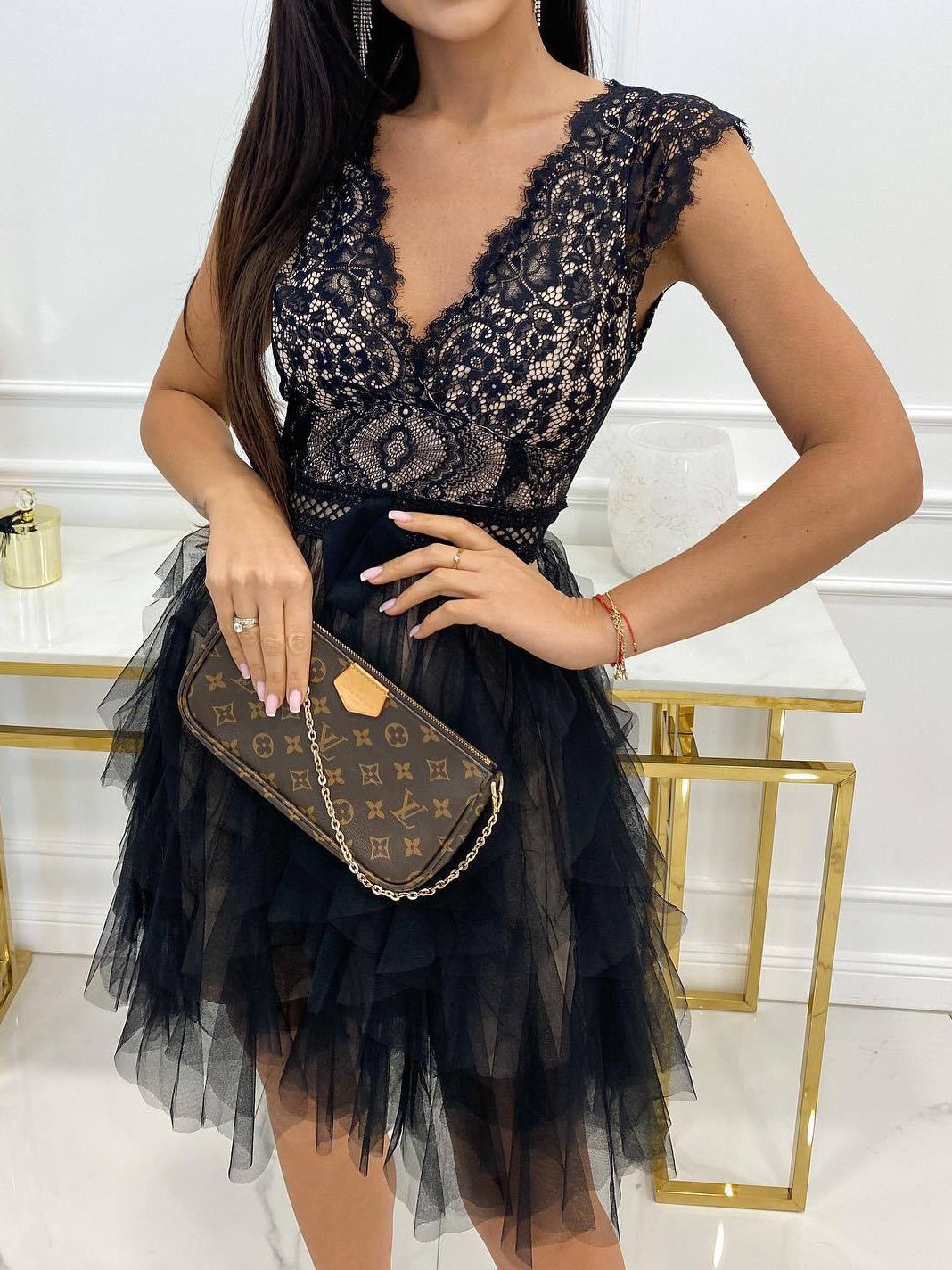 V Neck Lace Mesh Irregular Dress
