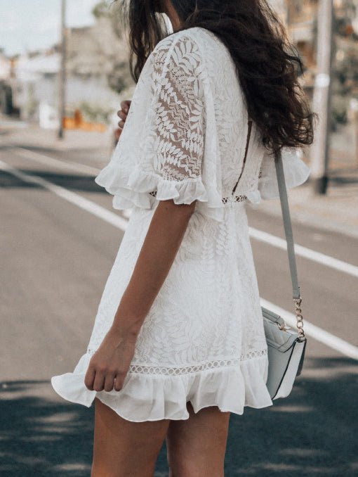 V Neck Lace Short Sleeve Ruffle Dress