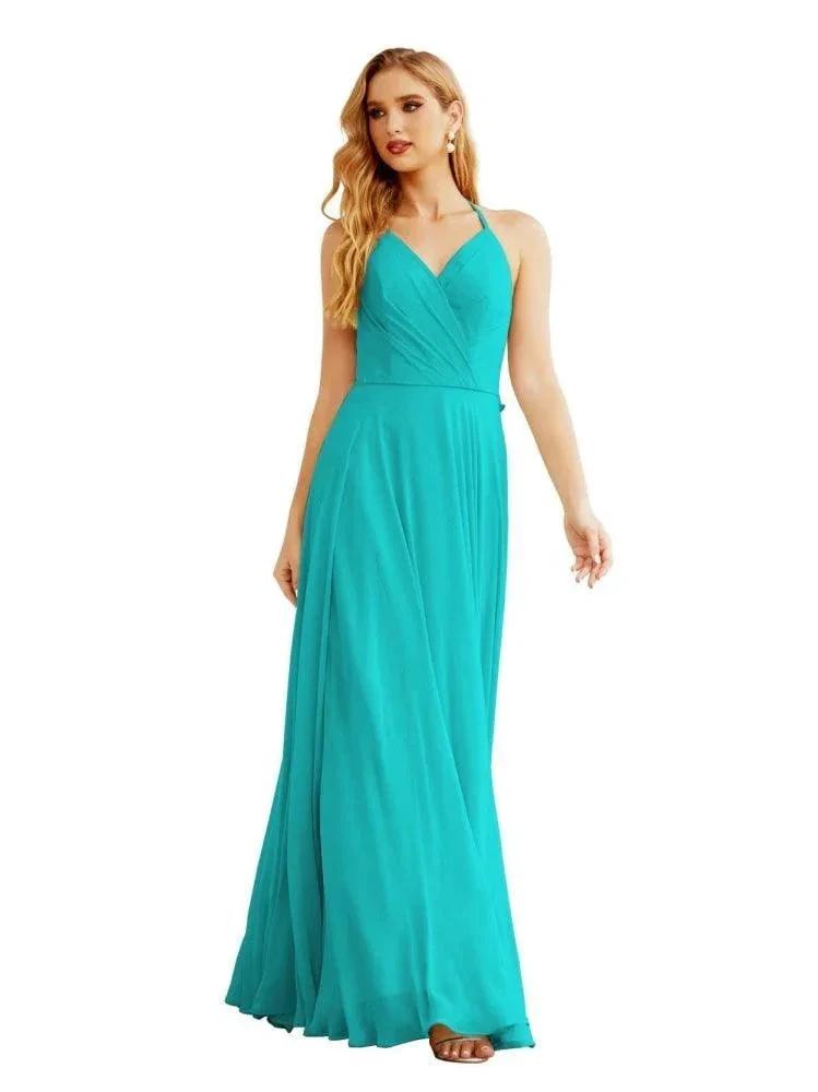 Women's Halter Chiffon Bridesmaid Dresses Wedding Apparel Long Sleeveless Formal Prom Dress with Ruffled Back SEA28035 by numbersea