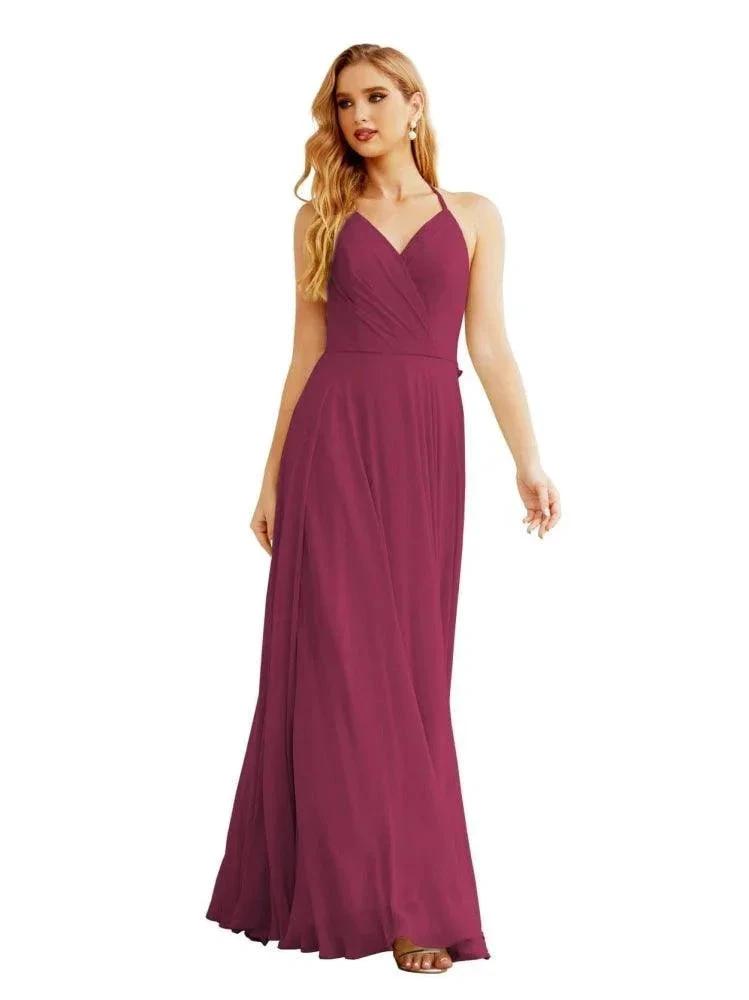 Women's Halter Chiffon Bridesmaid Dresses Wedding Apparel Long Sleeveless Formal Prom Dress with Ruffled Back SEA28035 by numbersea