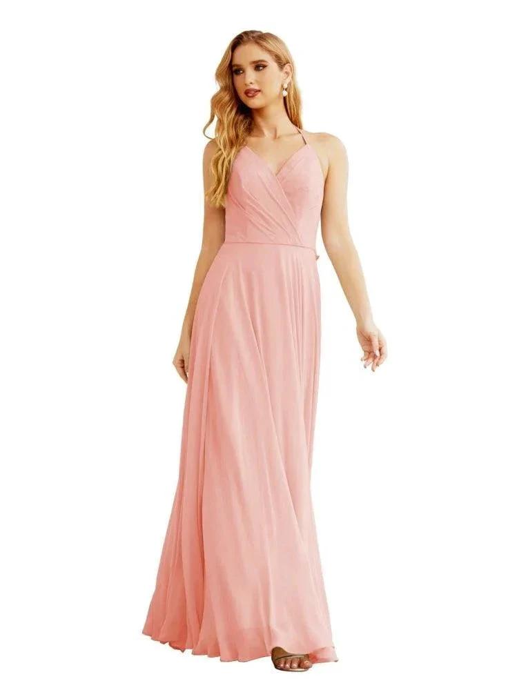 Women's Halter Chiffon Bridesmaid Dresses Wedding Apparel Long Sleeveless Formal Prom Dress with Ruffled Back SEA28035 by numbersea