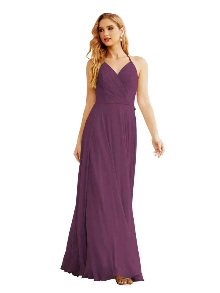 Women's Halter Chiffon Bridesmaid Dresses Wedding Apparel Long Sleeveless Formal Prom Dress with Ruffled Back SEA28035 by numbersea