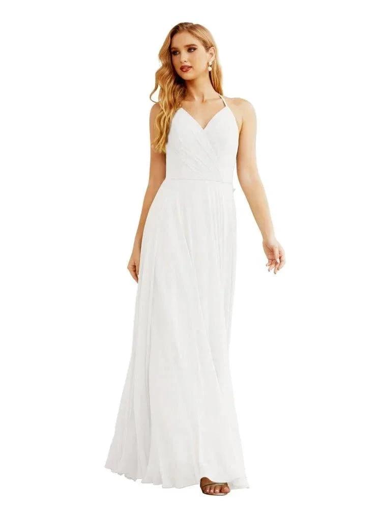 Women's Halter Chiffon Bridesmaid Dresses Wedding Apparel Long Sleeveless Formal Prom Dress with Ruffled Back SEA28035 by numbersea