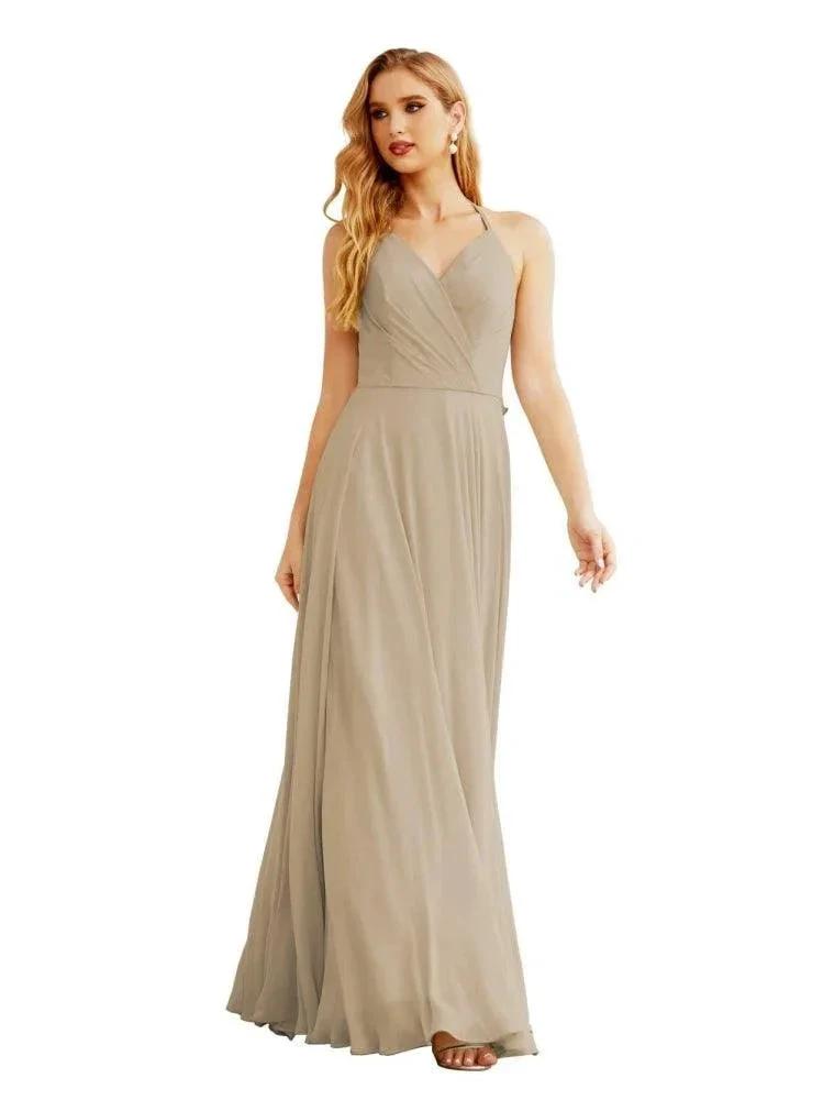 Women's Halter Chiffon Bridesmaid Dresses Wedding Apparel Long Sleeveless Formal Prom Dress with Ruffled Back SEA28035 by numbersea