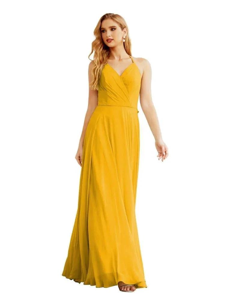 Women's Halter Chiffon Bridesmaid Dresses Wedding Apparel Long Sleeveless Formal Prom Dress with Ruffled Back SEA28035 by numbersea