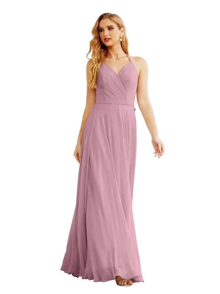 Women's Halter Chiffon Bridesmaid Dresses Wedding Apparel Long Sleeveless Formal Prom Dress with Ruffled Back SEA28035 by numbersea