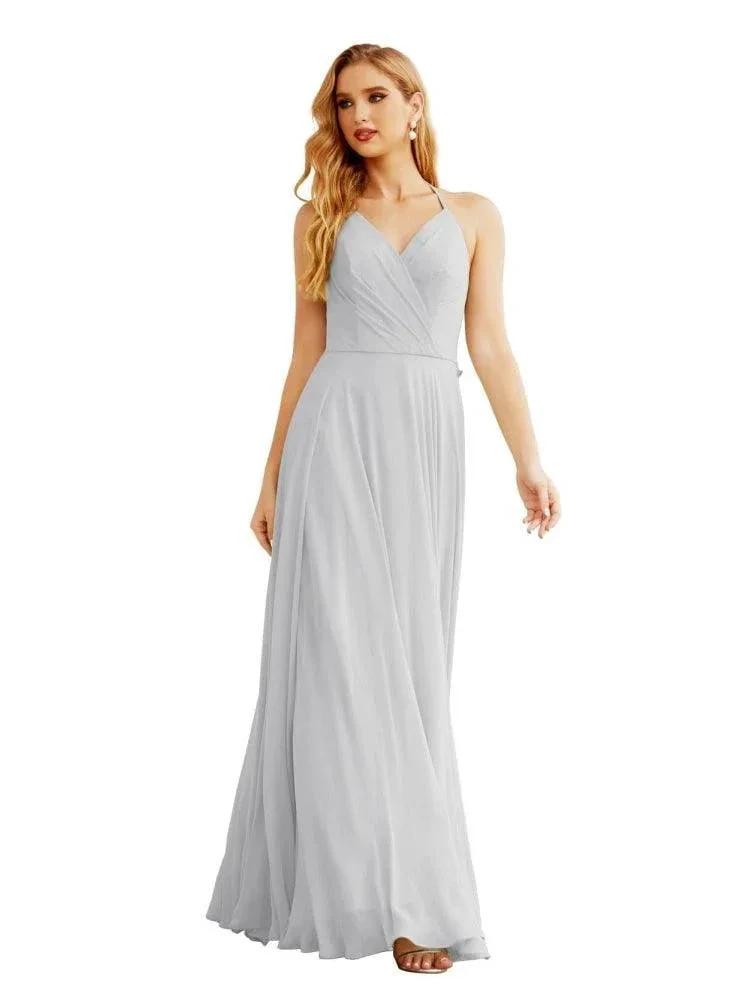 Women's Halter Chiffon Bridesmaid Dresses Wedding Apparel Long Sleeveless Formal Prom Dress with Ruffled Back SEA28035 by numbersea