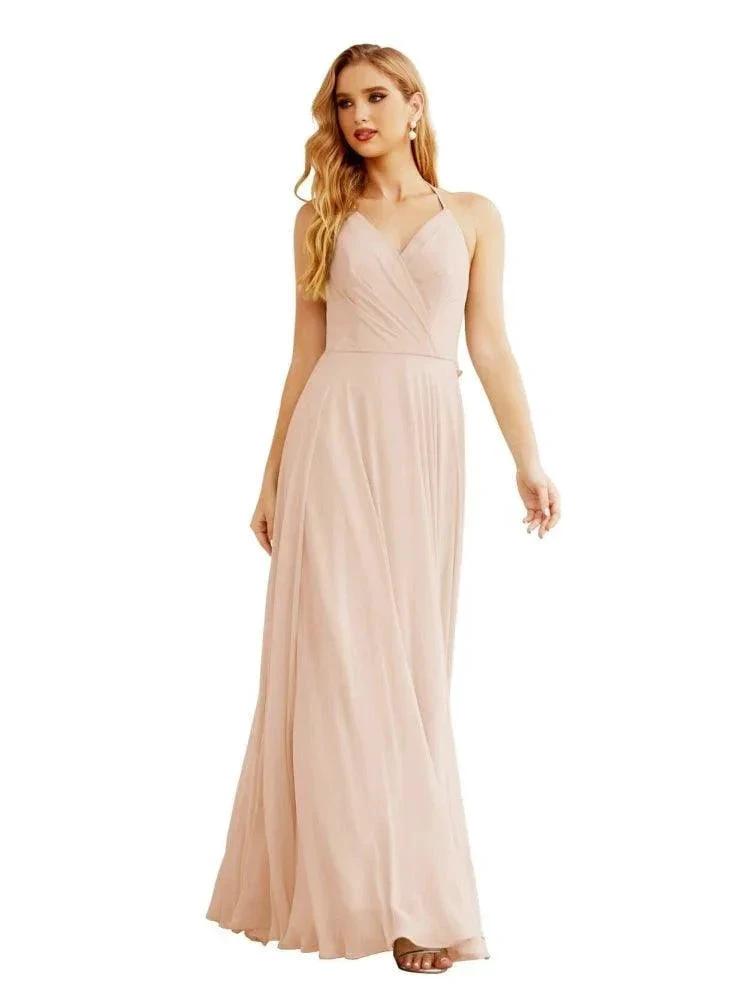 Women's Halter Chiffon Bridesmaid Dresses Wedding Apparel Long Sleeveless Formal Prom Dress with Ruffled Back SEA28035 by numbersea