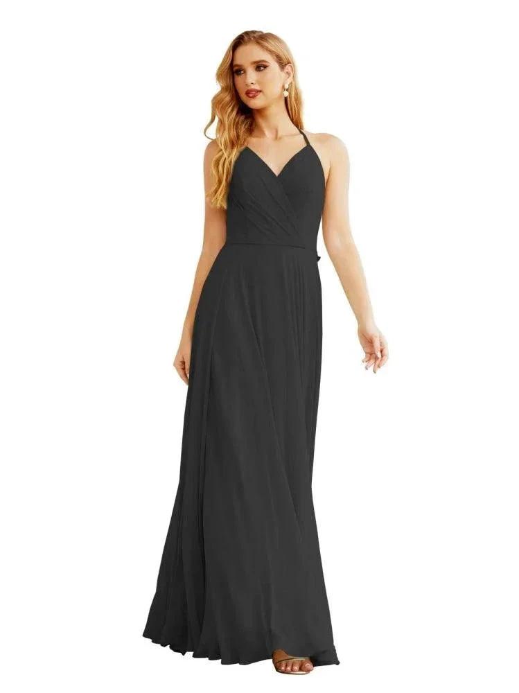 Women's Halter Chiffon Bridesmaid Dresses Wedding Apparel Long Sleeveless Formal Prom Dress with Ruffled Back SEA28035 by numbersea