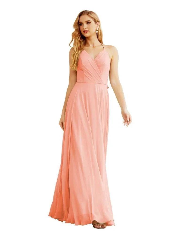 Women's Halter Chiffon Bridesmaid Dresses Wedding Apparel Long Sleeveless Formal Prom Dress with Ruffled Back SEA28035 by numbersea