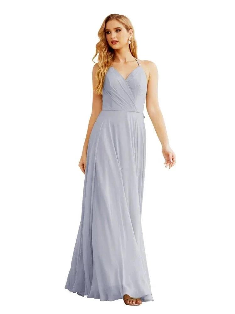 Women's Halter Chiffon Bridesmaid Dresses Wedding Apparel Long Sleeveless Formal Prom Dress with Ruffled Back SEA28035 by numbersea