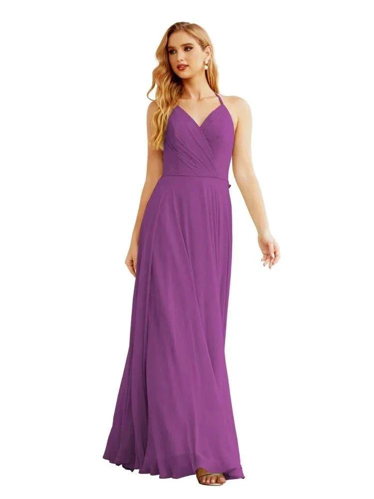 Women's Halter Chiffon Bridesmaid Dresses Wedding Apparel Long Sleeveless Formal Prom Dress with Ruffled Back SEA28035 by numbersea