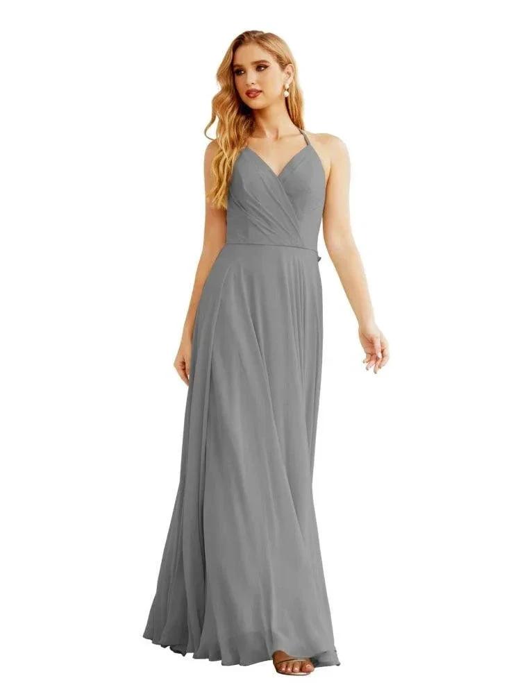 Women's Halter Chiffon Bridesmaid Dresses Wedding Apparel Long Sleeveless Formal Prom Dress with Ruffled Back SEA28035 by numbersea