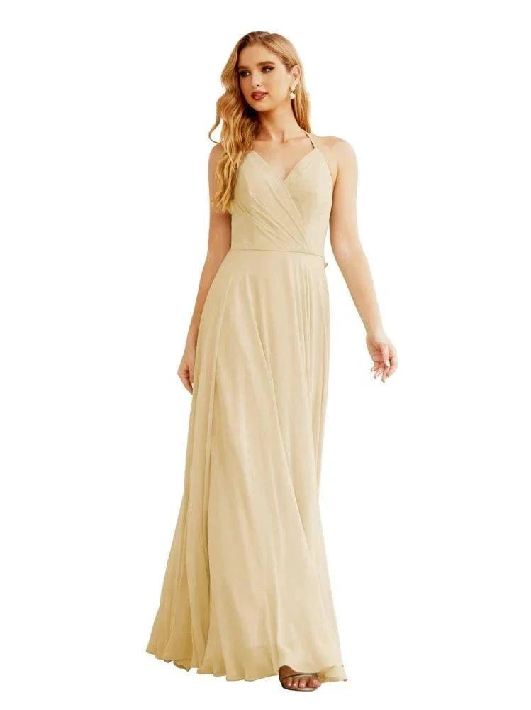 Women's Halter Chiffon Bridesmaid Dresses Wedding Apparel Long Sleeveless Formal Prom Dress with Ruffled Back SEA28035 by numbersea