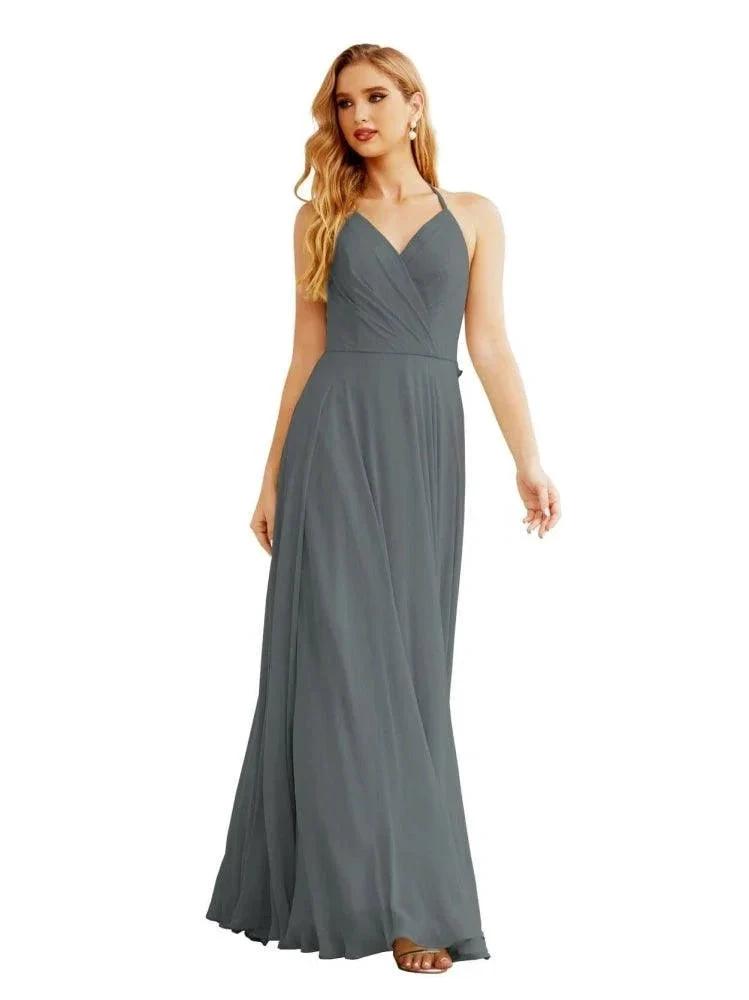 Women's Halter Chiffon Bridesmaid Dresses Wedding Apparel Long Sleeveless Formal Prom Dress with Ruffled Back SEA28035 by numbersea