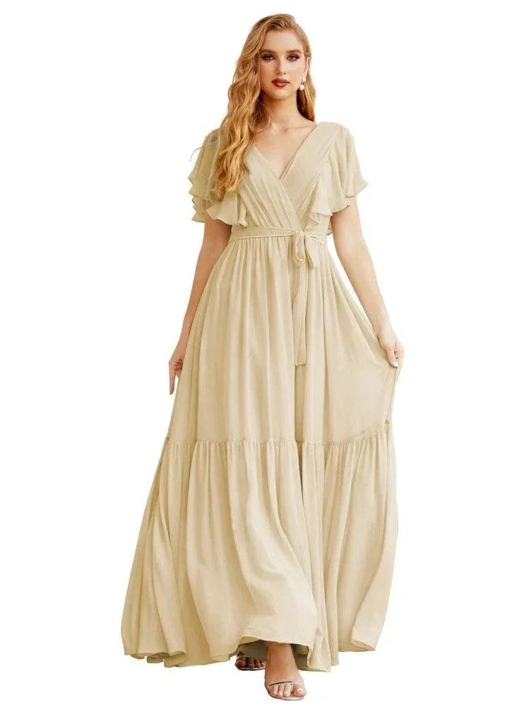 Women's Open Back Formal Evening Party Prom Gowns V-Neck Long Chiffon Bridesmaid Dresses with Waist Belt SEA28038 by numbersea