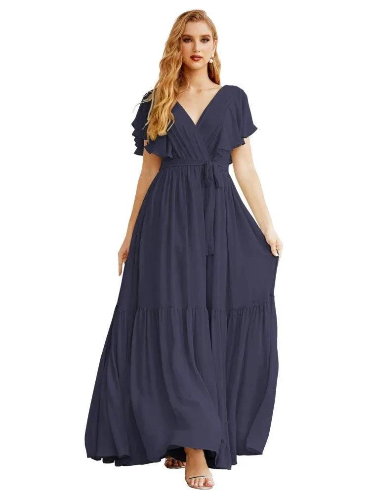 Women's Open Back Formal Evening Party Prom Gowns V-Neck Long Chiffon Bridesmaid Dresses with Waist Belt SEA28038 by numbersea