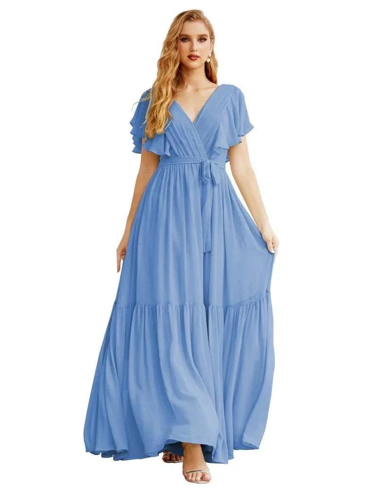 Women's Open Back Formal Evening Party Prom Gowns V-Neck Long Chiffon Bridesmaid Dresses with Waist Belt SEA28038 by numbersea