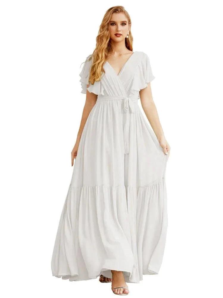 Women's Open Back Formal Evening Party Prom Gowns V-Neck Long Chiffon Bridesmaid Dresses with Waist Belt SEA28038 by numbersea
