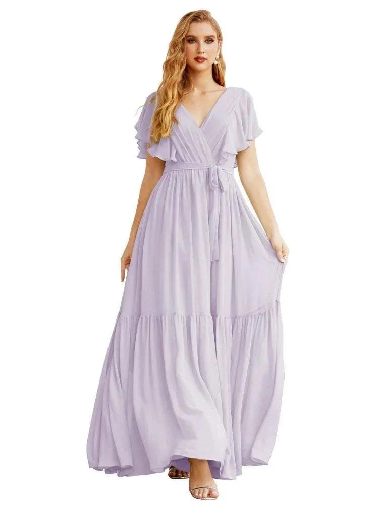 Women's Open Back Formal Evening Party Prom Gowns V-Neck Long Chiffon Bridesmaid Dresses with Waist Belt SEA28038 by numbersea
