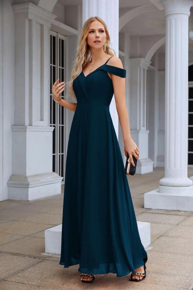 Women's thin strap off the shoulder bridesmaid mopping the floor evening dress 28093 by numbersea