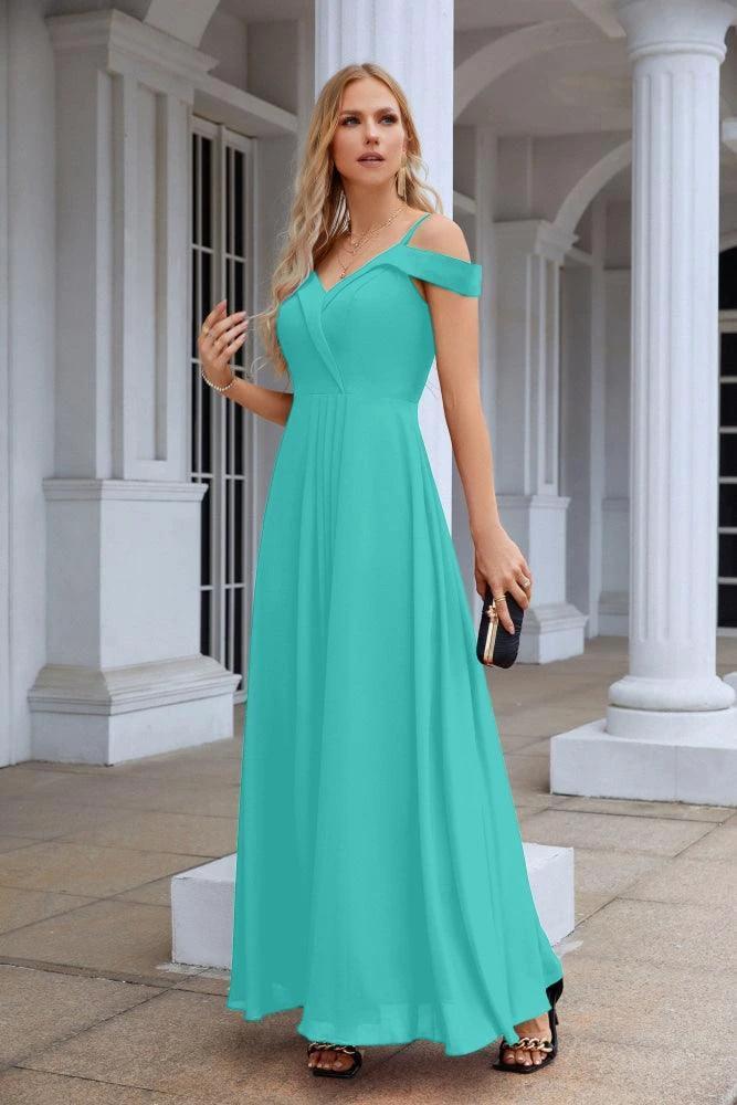 Women's thin strap off the shoulder bridesmaid mopping the floor evening dress 28093 by numbersea
