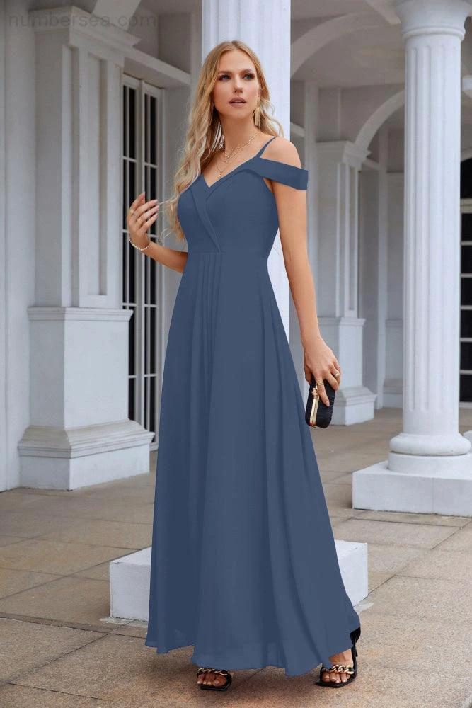 Women's thin strap off the shoulder bridesmaid mopping the floor evening dress 28093 by numbersea
