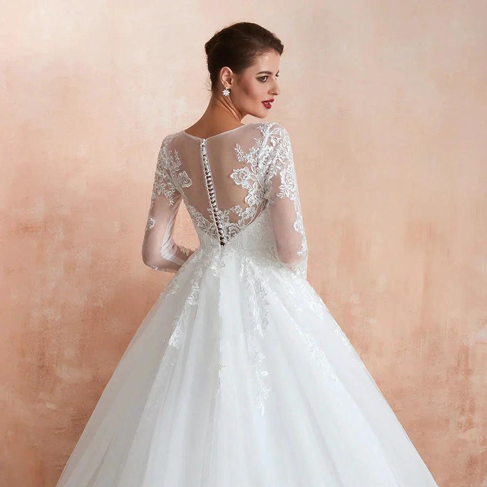 Wonderful Long A-line Appliques Tulle Wedding Dress with Sleeves (ZD14402)