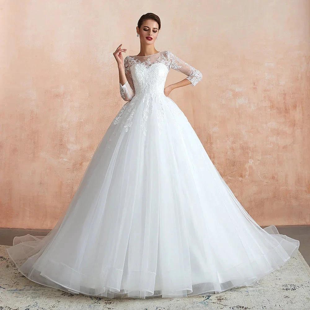 Wonderful Long A-line Appliques Tulle Wedding Dress with Sleeves (ZD14402)