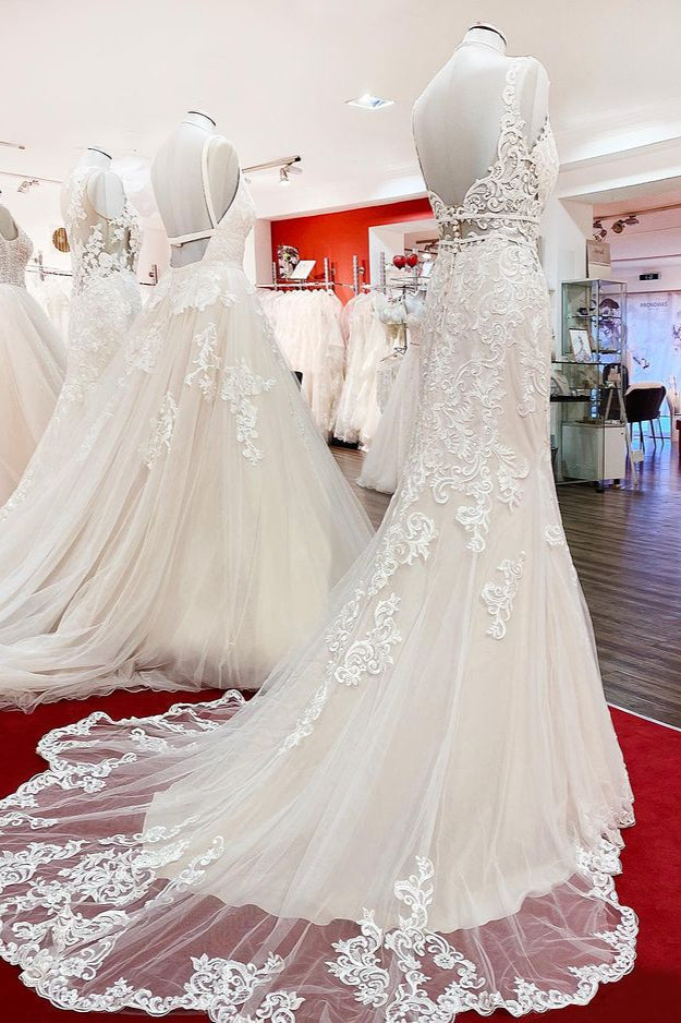 Wonderful Sleeveless Tulle Ivory Lace Backless Mermaid Wedding Dresses (ZD17540)