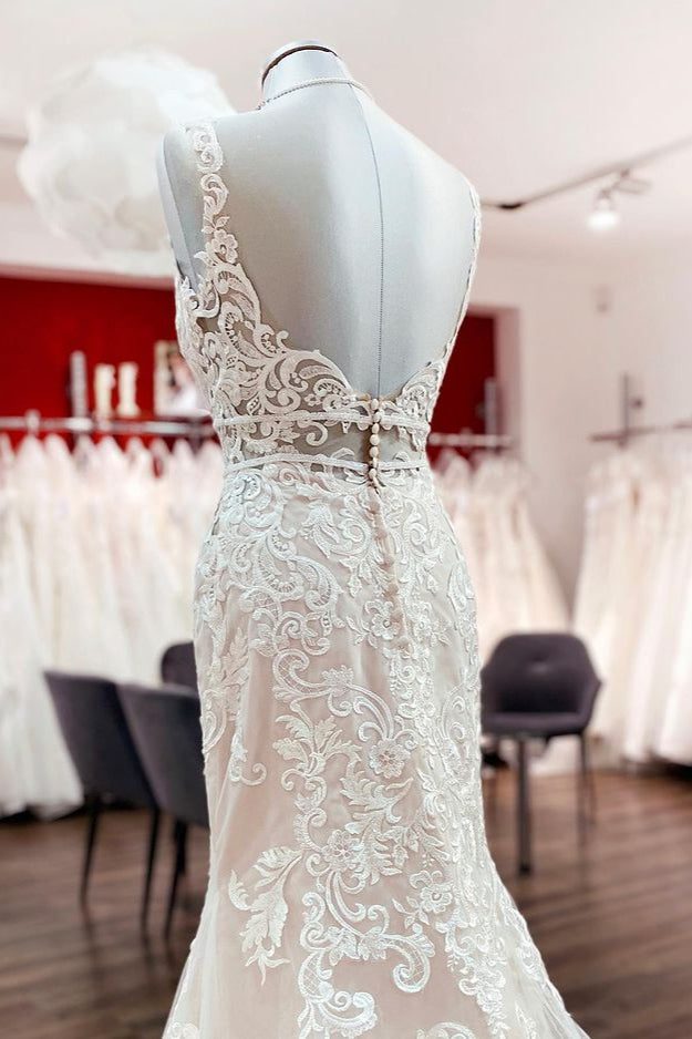Wonderful Sleeveless Tulle Ivory Lace Backless Mermaid Wedding Dresses (ZD17540)