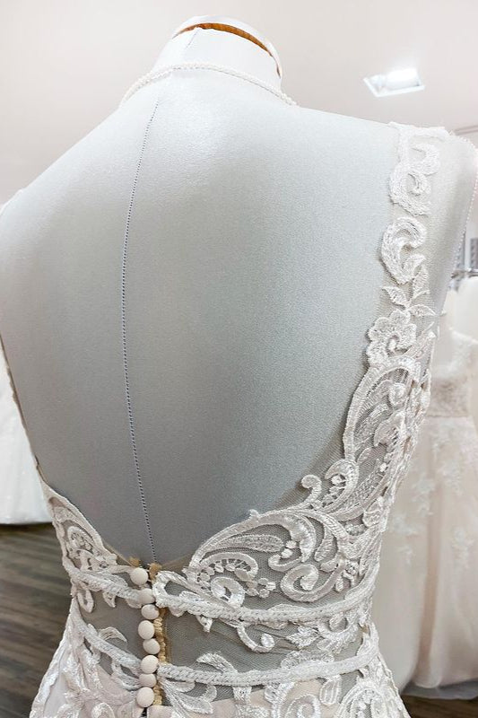Wonderful Sleeveless Tulle Ivory Lace Backless Mermaid Wedding Dresses (ZD17540)