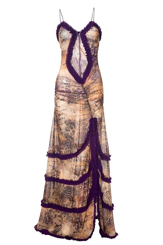 Wilma Aesthetic Printed Maxi Slip Dress with Cut Outs and Ruffles Boutique Collection