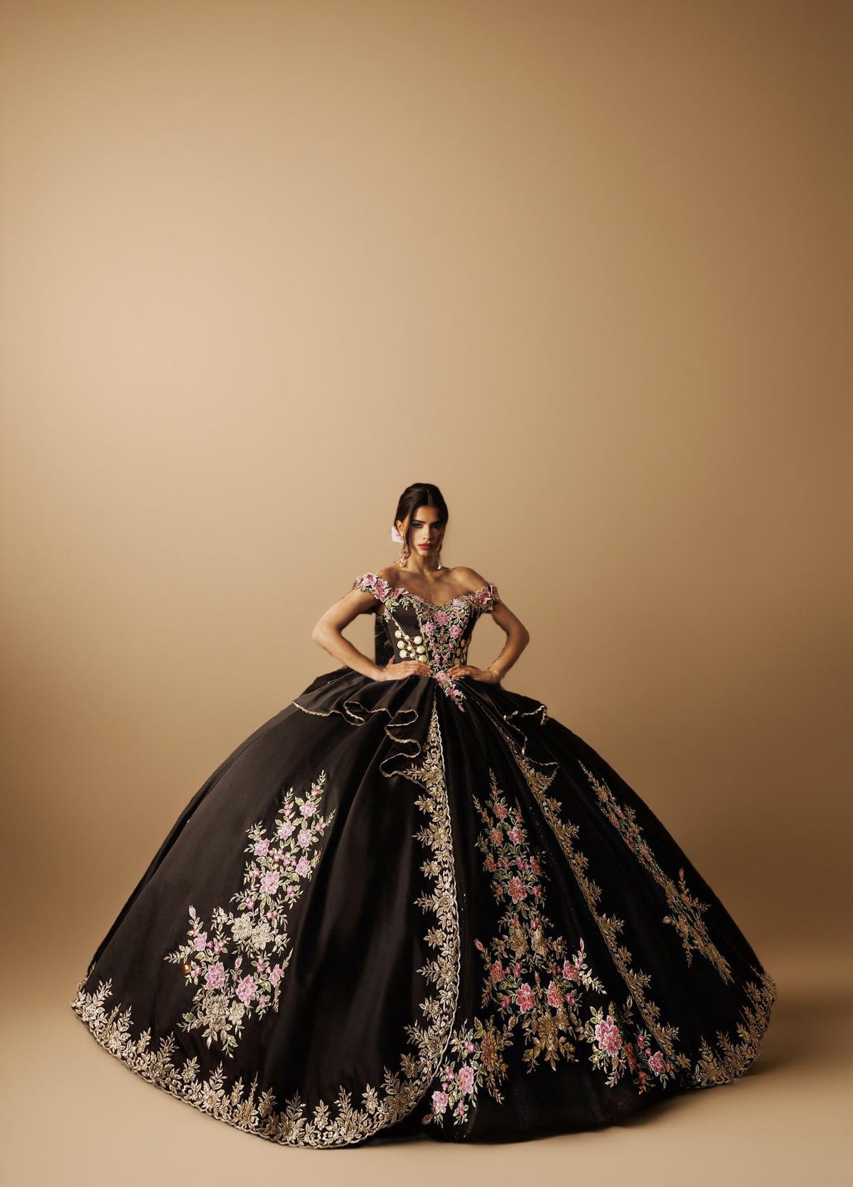 Black Gold Off Shoulder Quinceanera Dress 3D Floral Embroidered Satin Tulle Ball Gown (ZD17585)