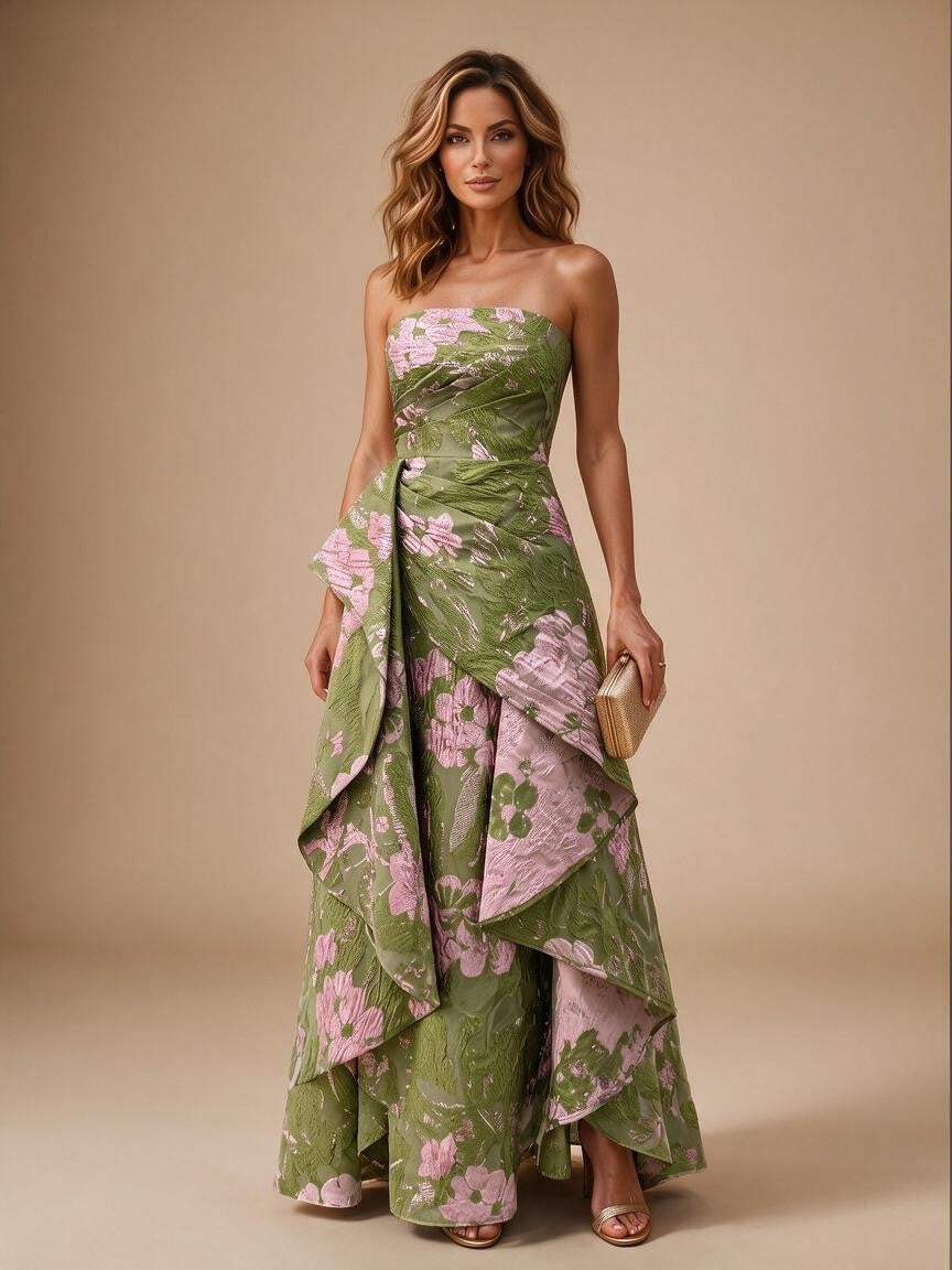 Jacquard A-Line/Princess Strapless Floor-Length Evening Dresses with Ruffles