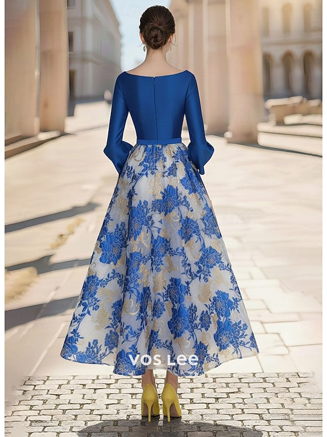 Royal Blue V-Neck Tea Length Gown | 3/4 Sleeve Floral Brocade Formal Dress