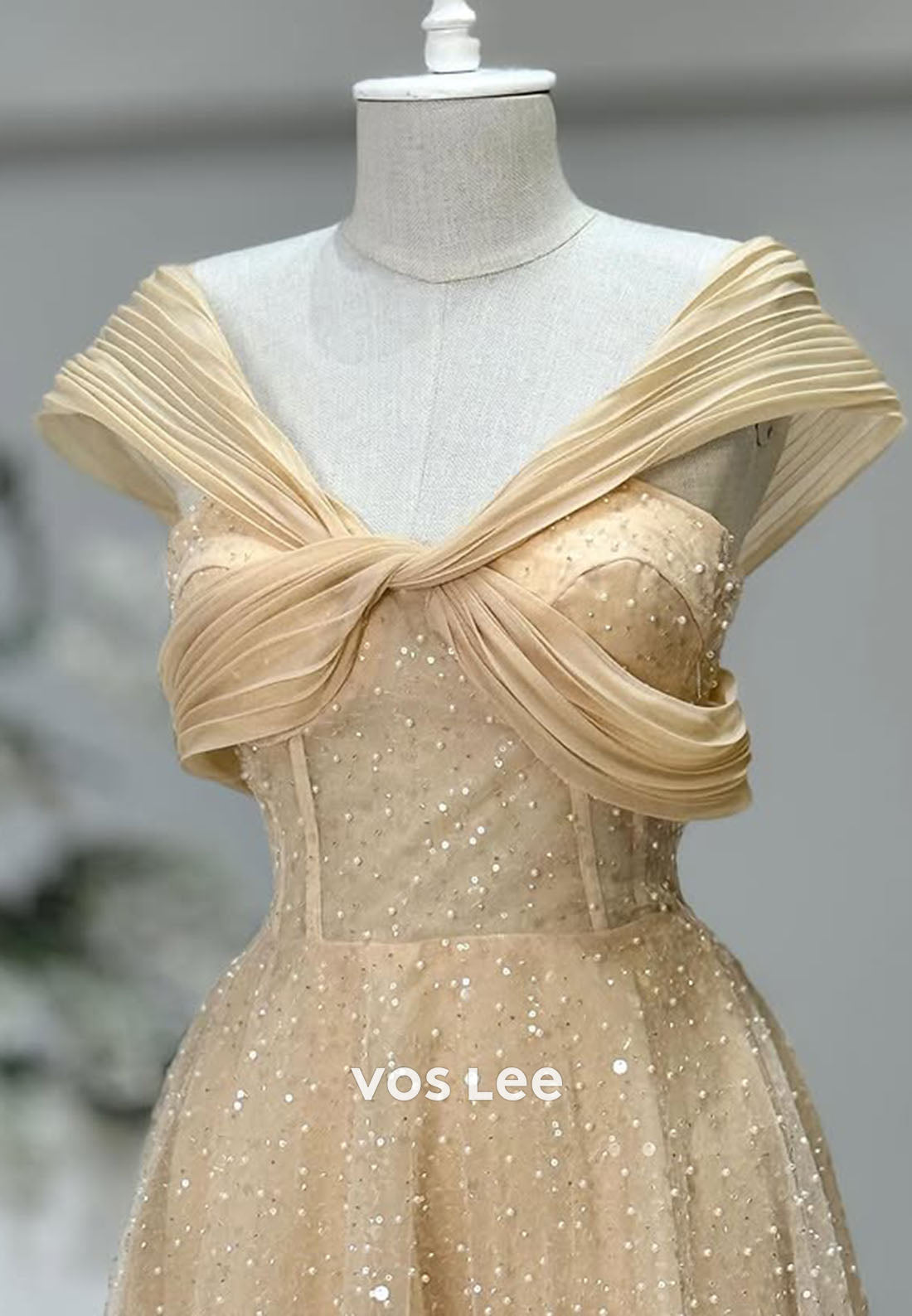 Champagne Sequins Beading Evening Dress A-line Prom Gown Party Gown